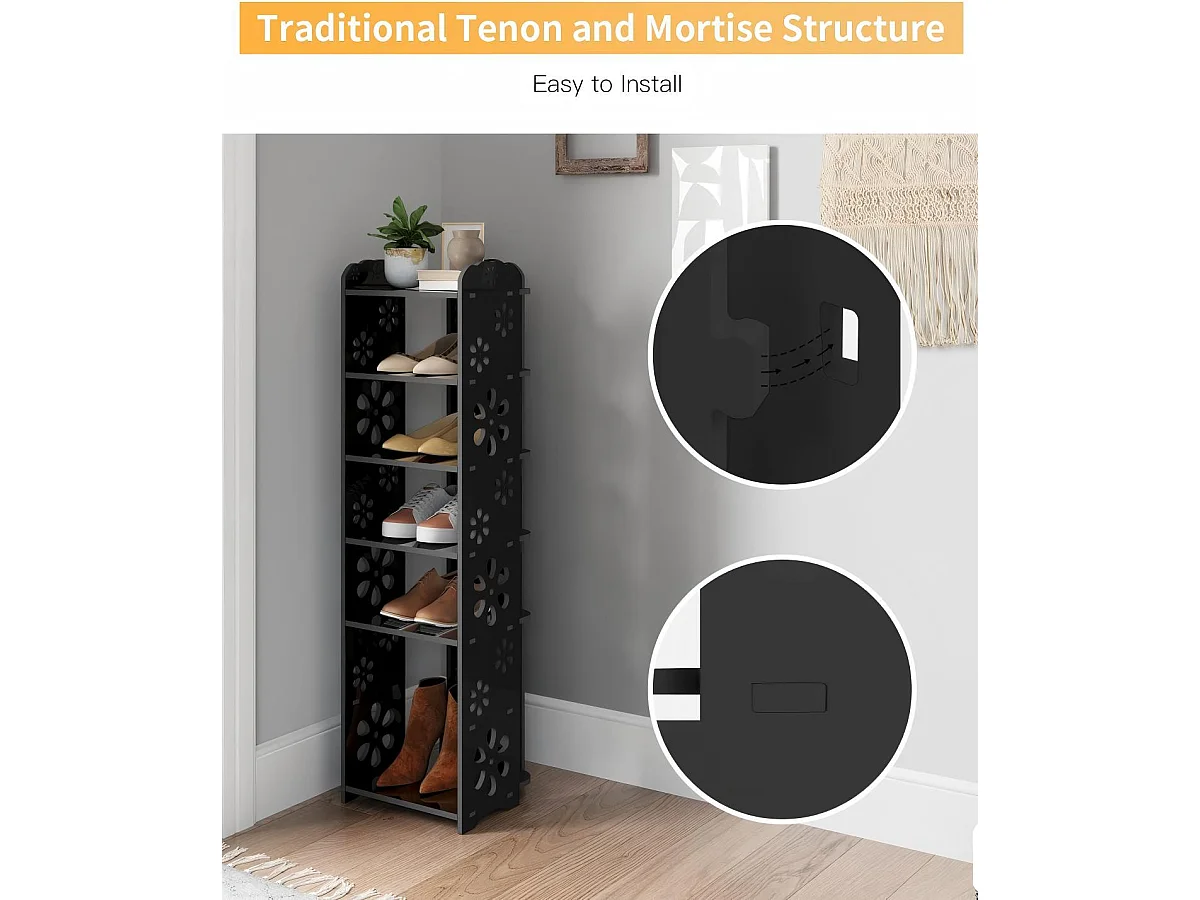 Meuble à Chaussures 6 Niveaux en Bois Plastique,Étagère de Rangement à Chaussures,Motif découpé,Déco 26x25x81CM,Noir