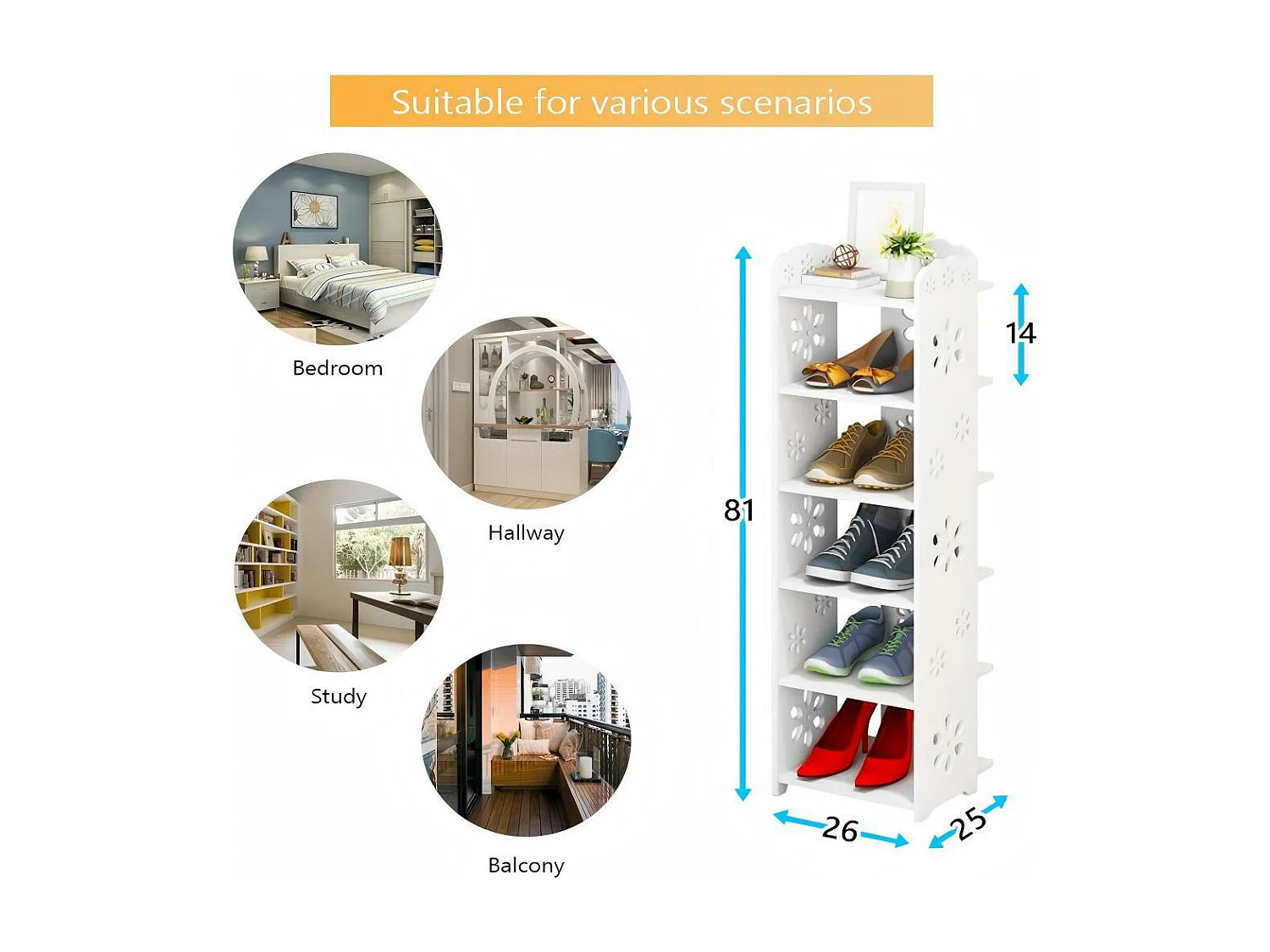 Meuble à Chaussures 6 Niveaux en Bois Plastique,Étagère de Rangement à Chaussures,26x25x81CM,Blanc