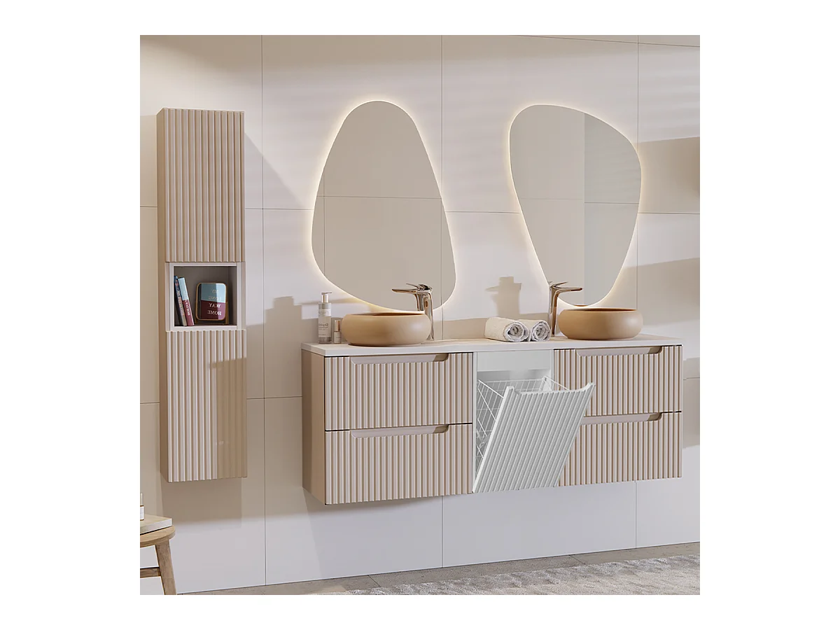 Ensemble meuble double vasque 160cm panier à linge et colonne Riva Cachemire et Blanc