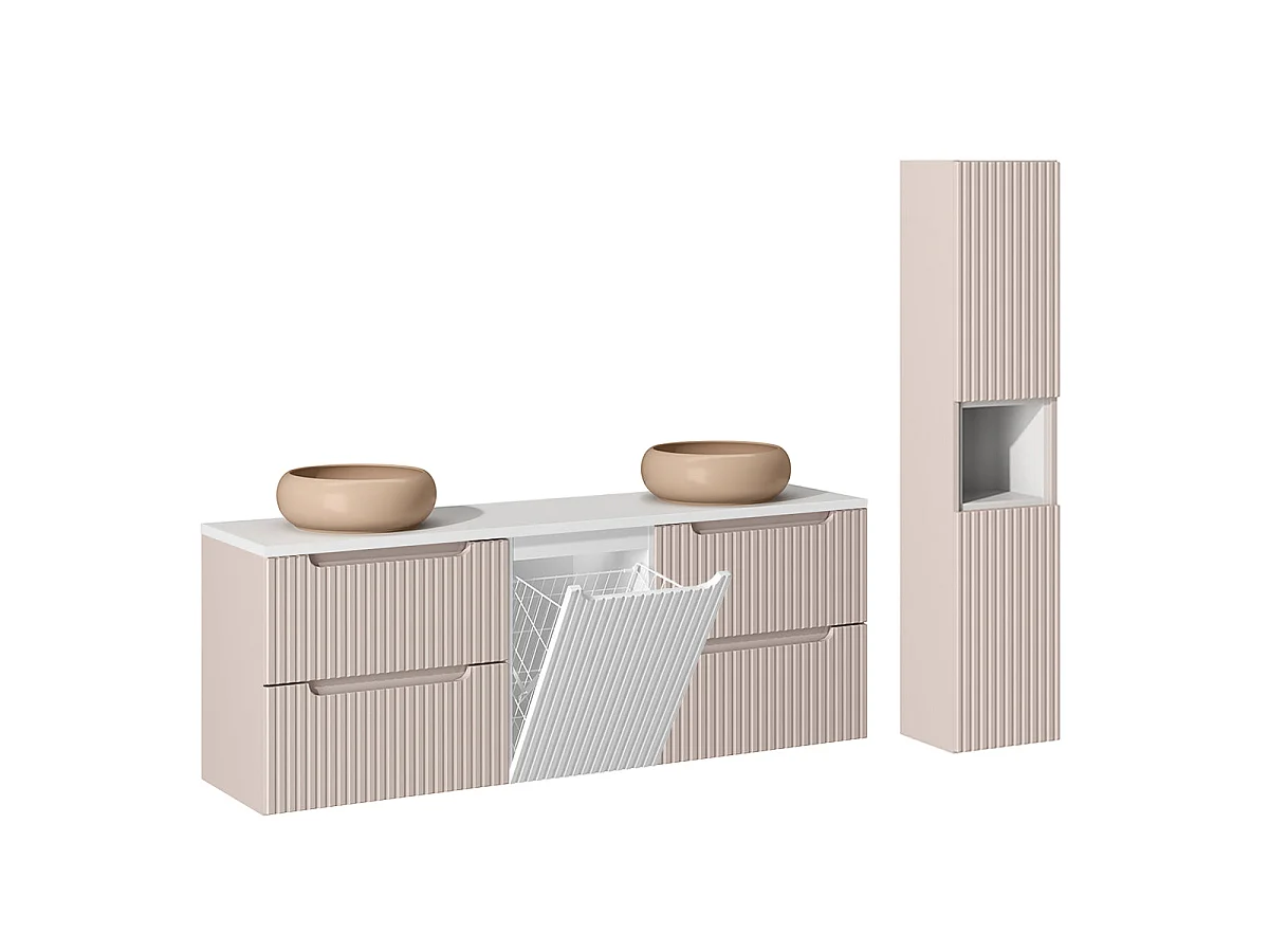 Conjunto de móvel lavatório duplo 160cm cesto de roupa suja e coluna Riva Caxemira e Branco