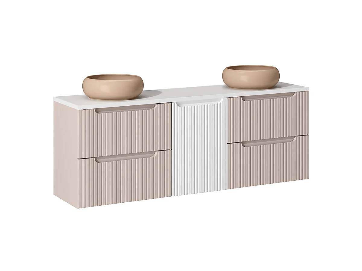 Conjunto de móvel lavatório duplo 160cm cesto de roupa suja e coluna Riva Caxemira e Branco