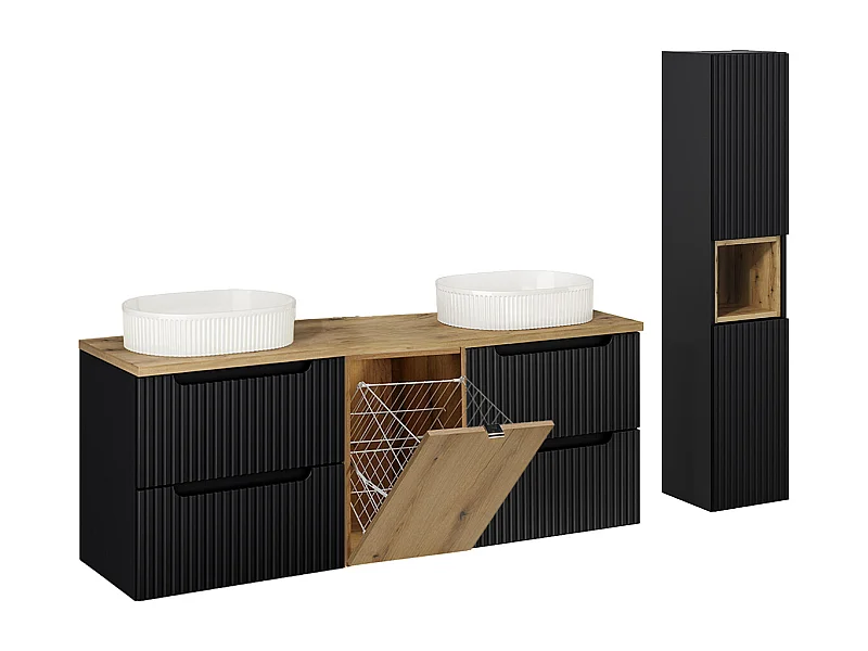 Ensemble meuble double vasque 160cm panier à linge et colonne Riva Noir et Bois