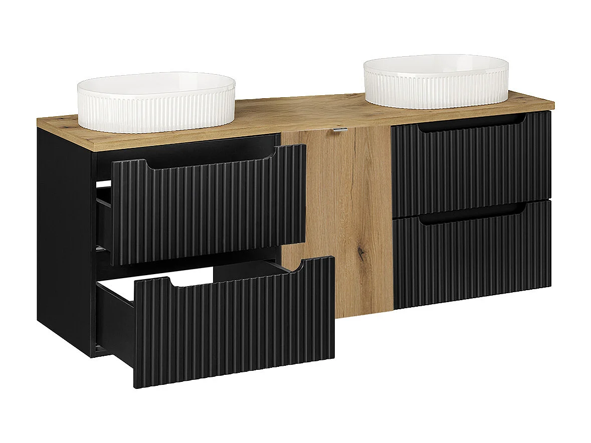 Ensemble meuble double vasque 160cm panier à linge et colonne Riva Noir et Bois