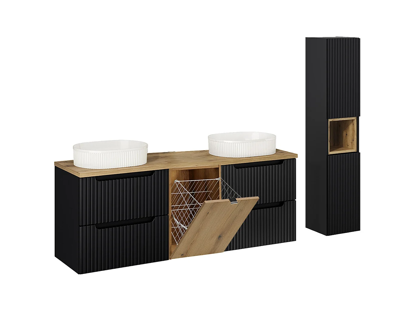 Conjunto de muebles con doble lavabo 160cm cesto y columna Riva Negro y Madera
