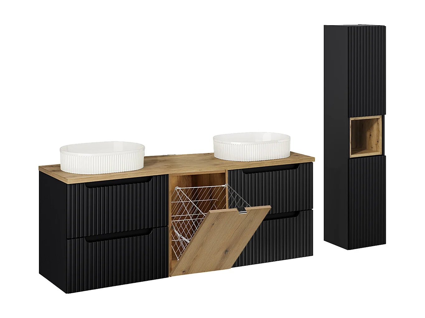 Conjunto de muebles con doble lavabo 160cm cesto y columna Riva Negro y Madera