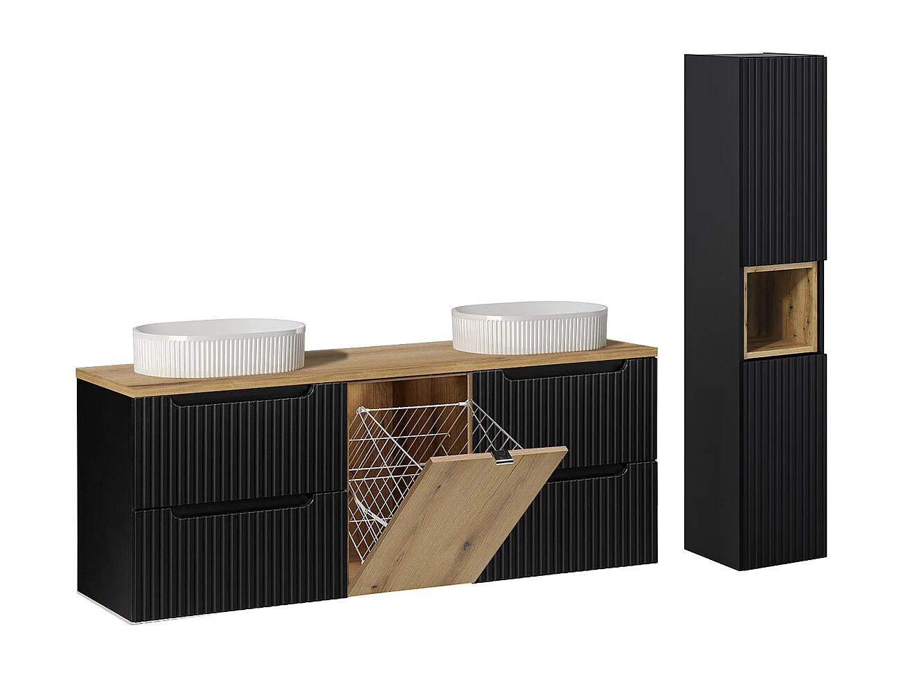 Ensemble meuble double vasque 160cm panier à linge et colonne Riva Noir et Bois
