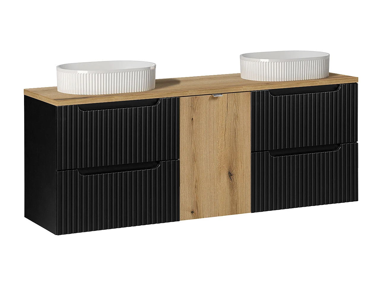 Ensemble meuble double vasque 160cm panier à linge et colonne Riva Noir et Bois