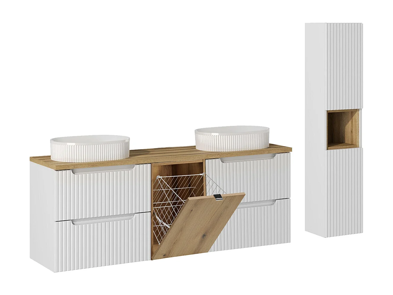 Ensemble meuble double vasque 160cm panier à linge et colonne Riva Blanc et Bois