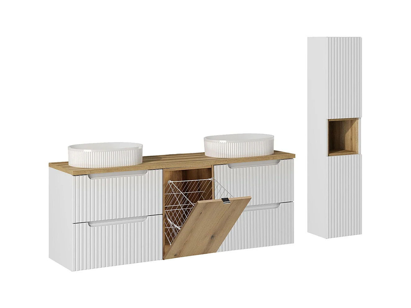 Ensemble meuble double vasque 160cm panier à linge et colonne Riva Blanc et Bois