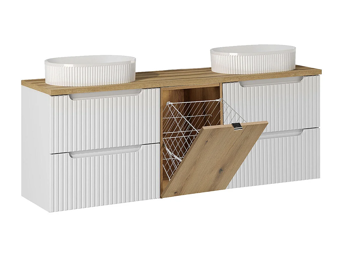 Conjunto de móveis de casa de banho com lavatório duplo Riva branco e madeira 160cm