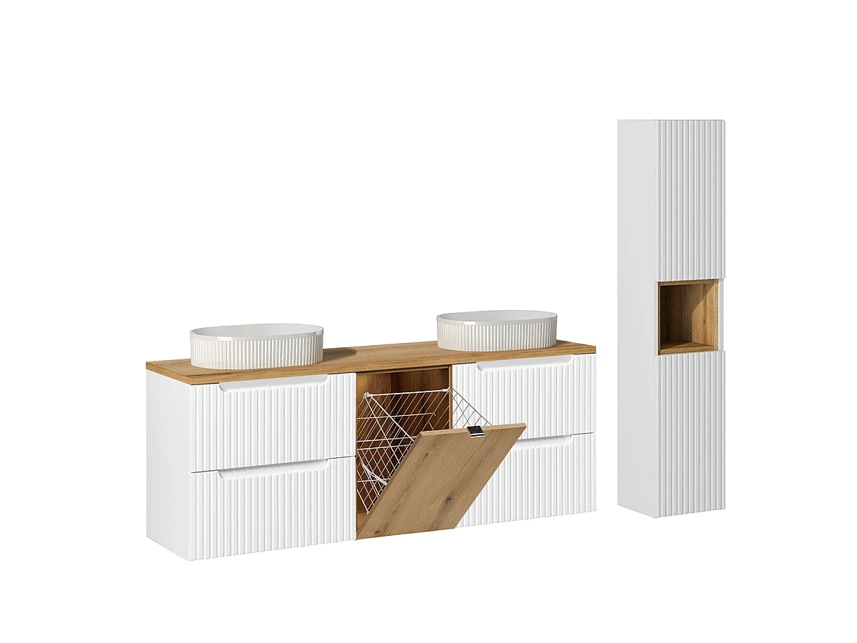 Ensemble meuble double vasque 160cm panier à linge et colonne Riva Blanc et Bois