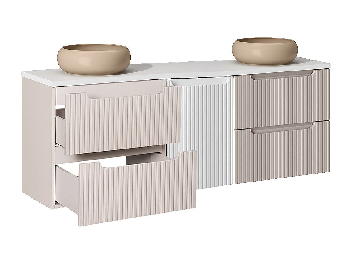 Meuble double vasque 160cm panier à linge Riva Cachemire et Blanc