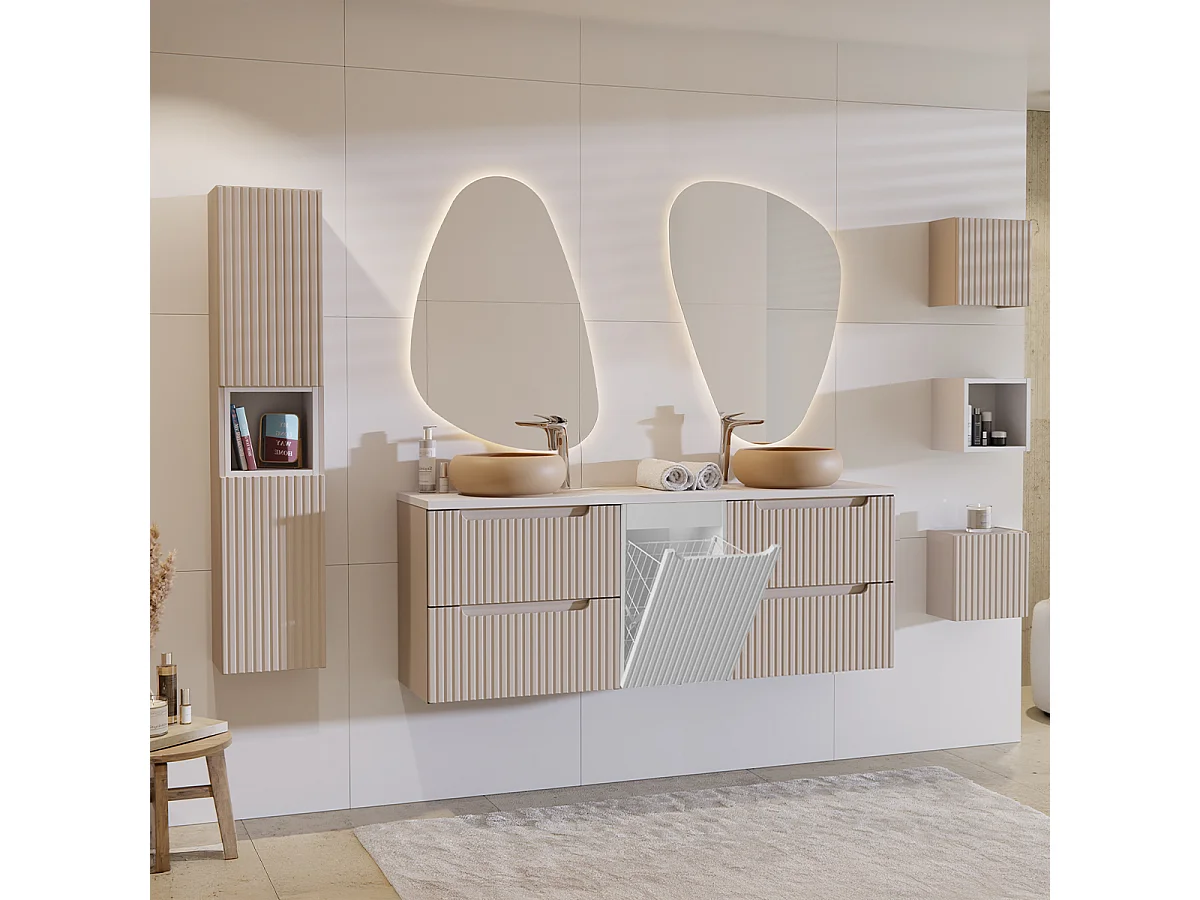 Meuble double vasque 160cm panier à linge Riva Cachemire et Blanc