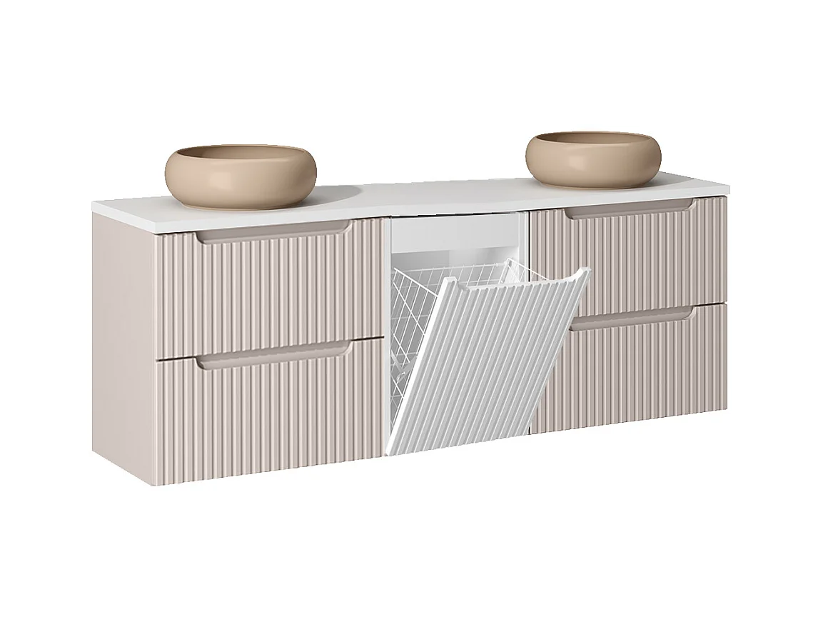 Meuble double vasque 160cm panier à linge Riva Cachemire et Blanc