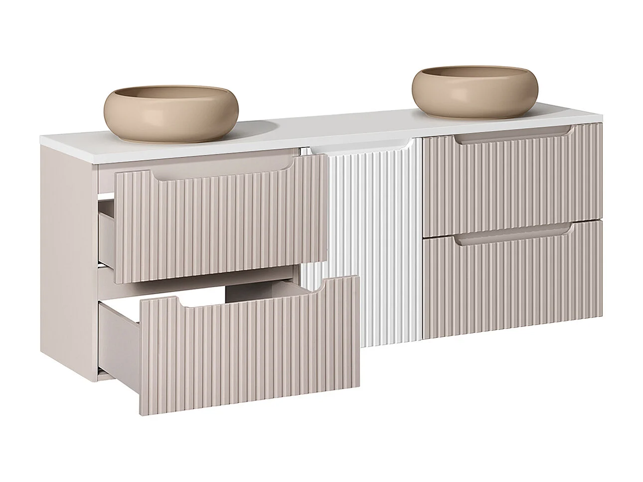 Meuble double vasque 160cm panier à linge Riva Cachemire et Blanc