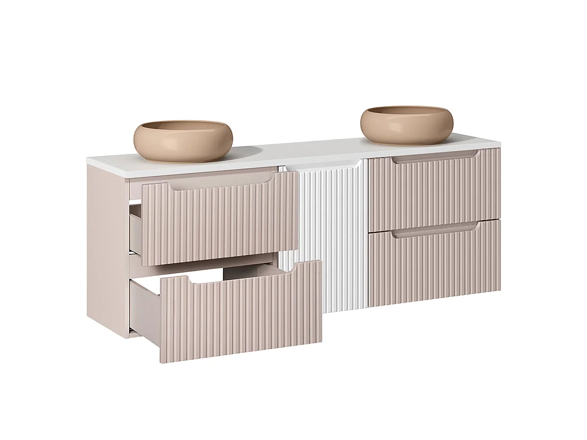 Mobile lavabo doppio Riva Cashmere e Bianco 160 cm con cesto portabiancheria