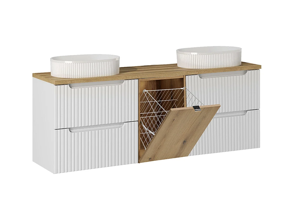 Meuble double vasque 160cm panier à linge Riva Blanc et Bois
