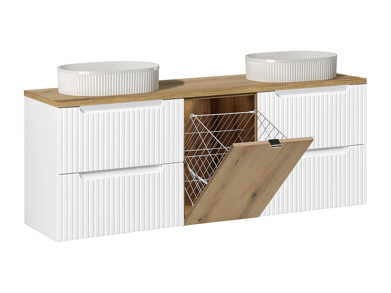 Meuble double vasque 160cm panier à linge Riva Blanc et Bois