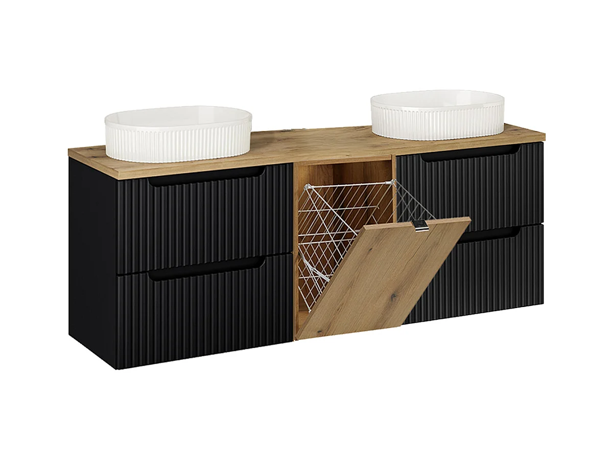 Meuble double vasque 160cm panier à linge Riva Noir et Bois