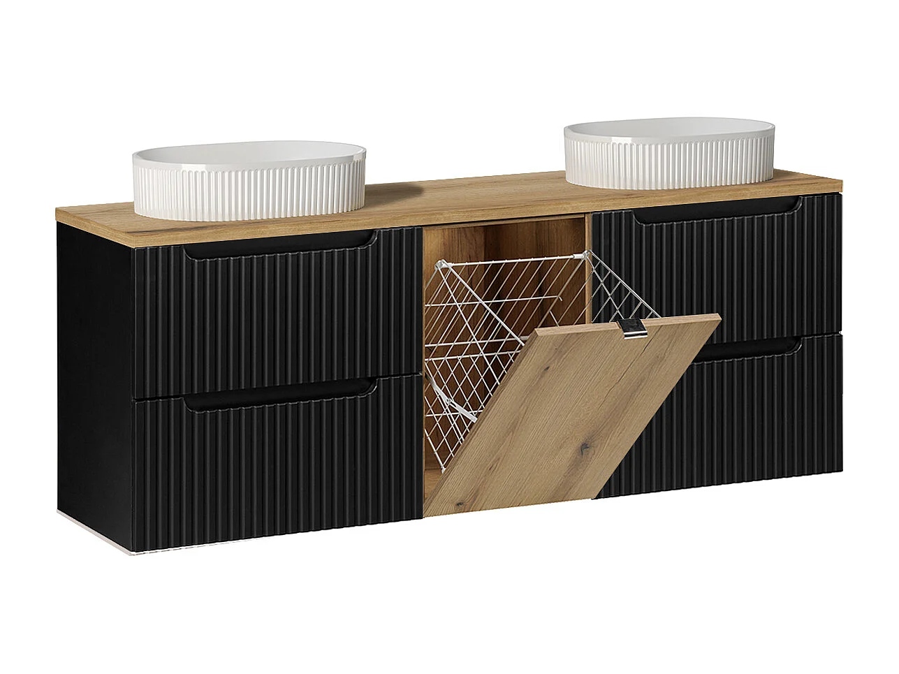 Riva Black and Wood 160 cm dobbelt håndvask med vasketøjskurv