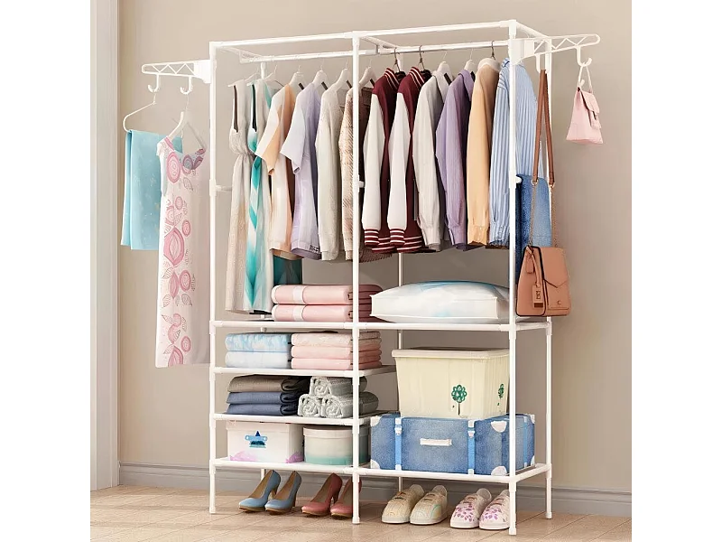 Porta da pasti in metallo da 4 in 1, con 6 ripiani, 2 aste e ganci, 108x36x170cm