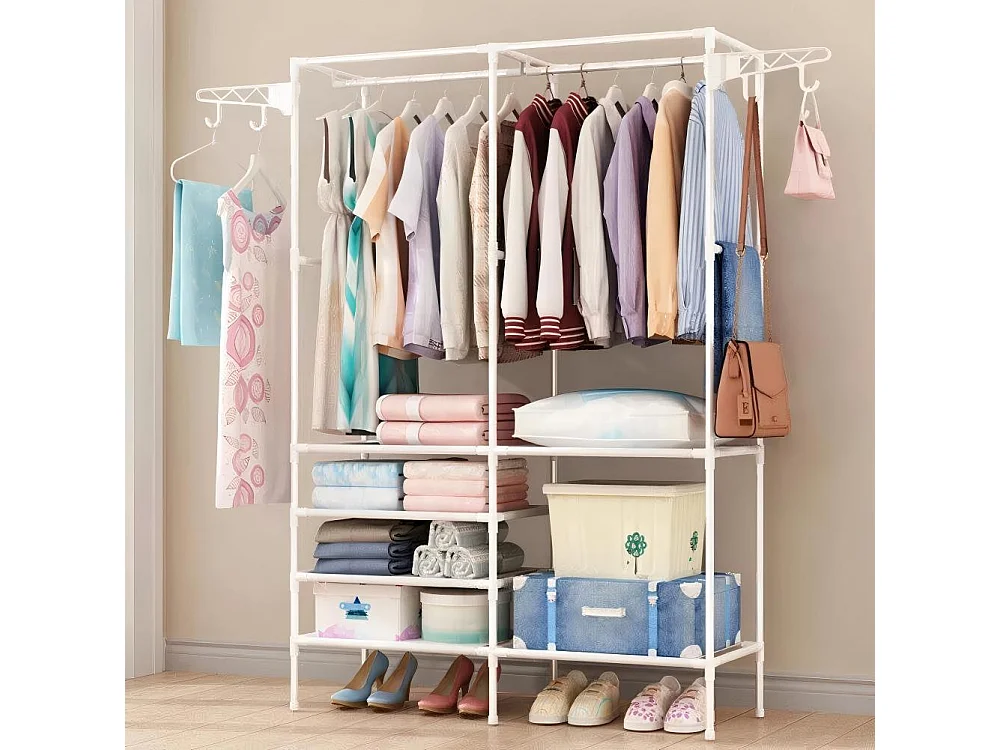 Moderne dubbele stangkapstok met haken, vrijstaande kledingkast, kledingrek, opberggarderobe - 108x36x170cm - wit
