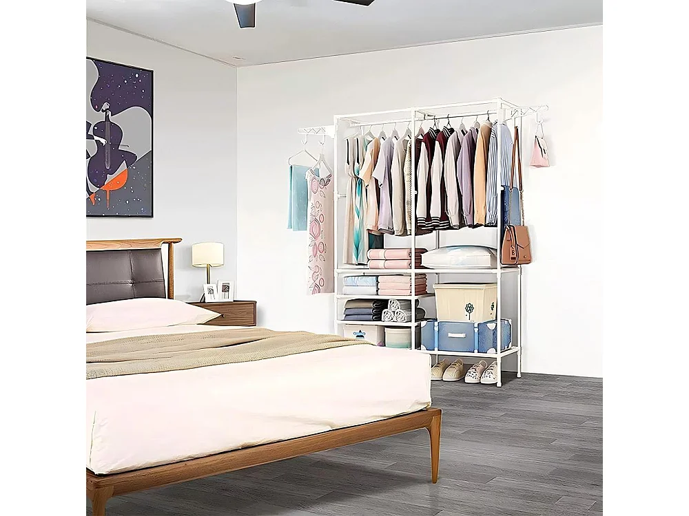 Moderne dubbele stangkapstok met haken, vrijstaande kledingkast, kledingrek, opberggarderobe - 108x36x170cm - wit