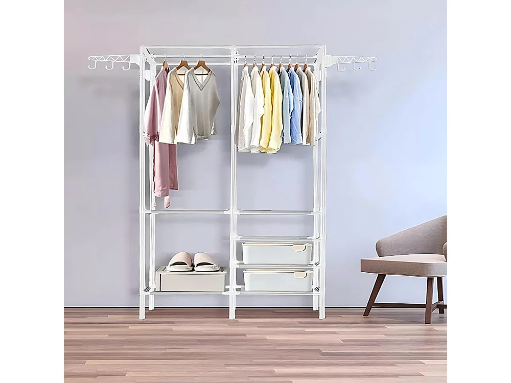 Moderne dubbele stangkapstok met haken, vrijstaande kledingkast, kledingrek, opberggarderobe - 108x36x170cm - wit