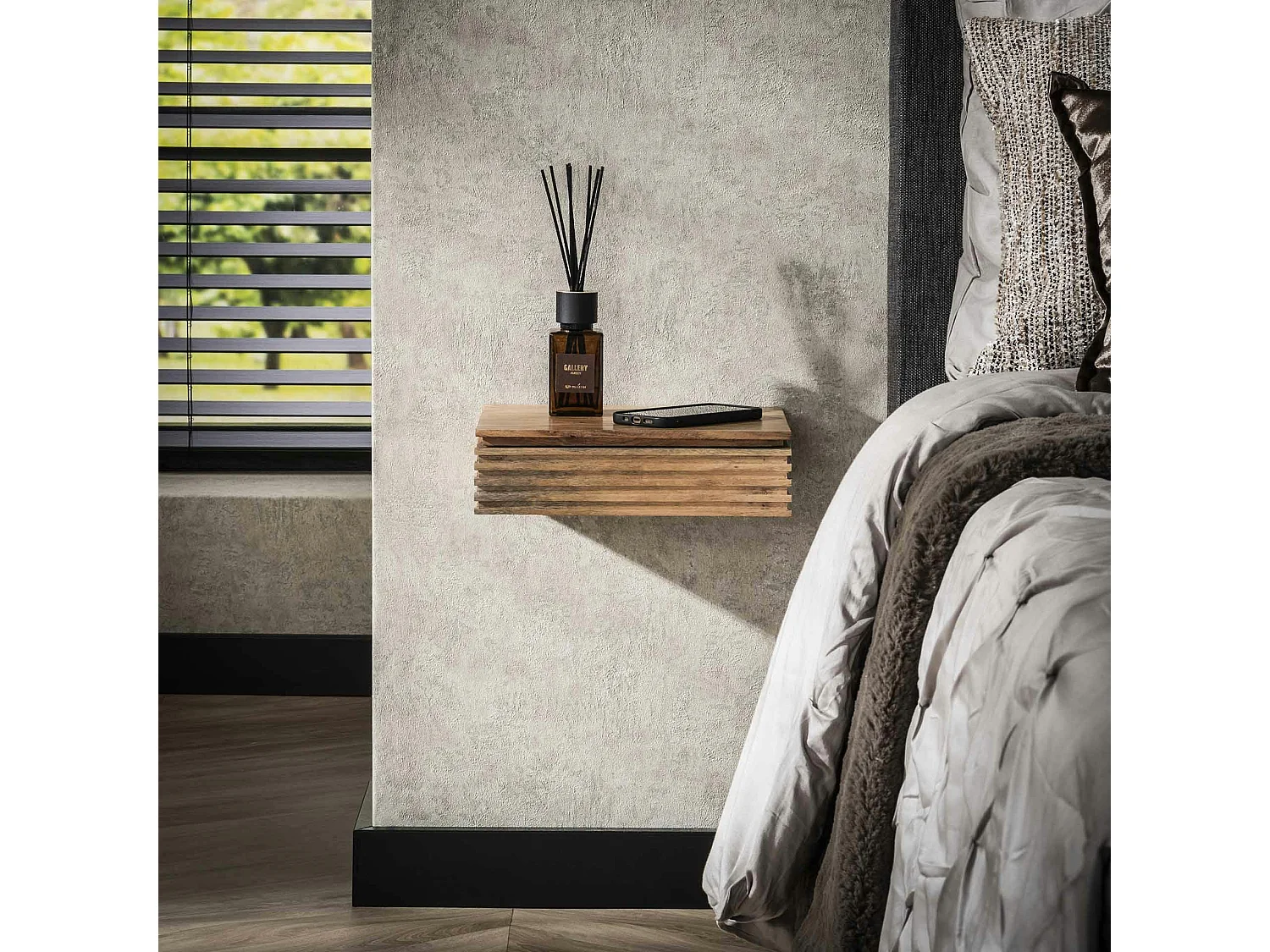 Table de chevet murale en bois d'acacia avec stries (lot de 2) MELBOURNE