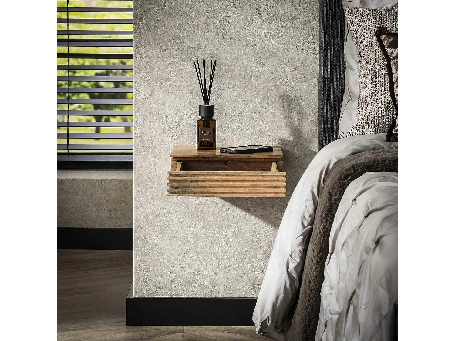 Table de chevet murale en bois d'acacia avec stries (lot de 2) MELBOURNE