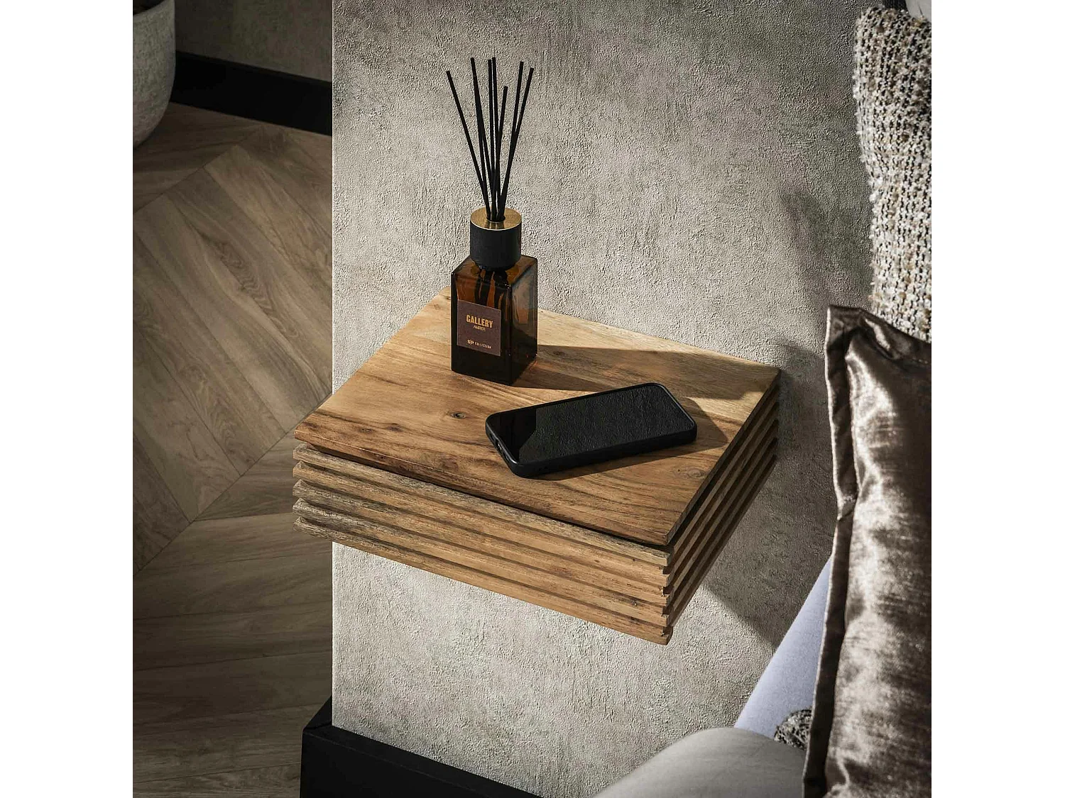 Table de chevet murale en bois d'acacia avec stries (lot de 2) MELBOURNE