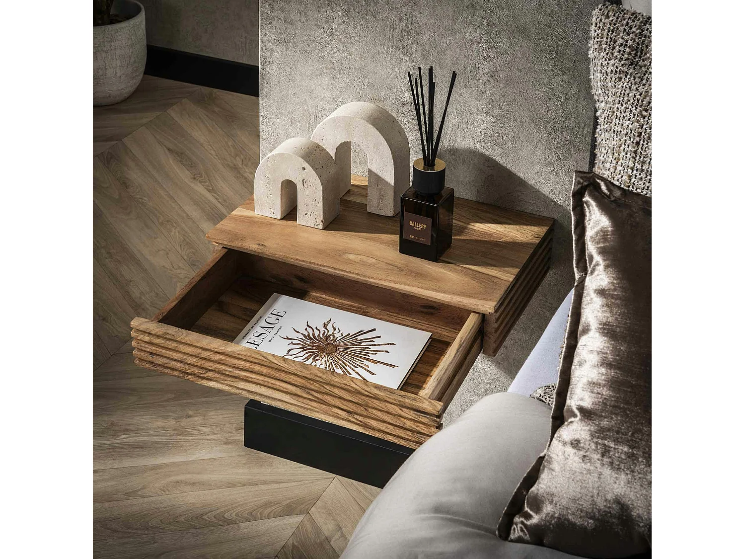 Table de chevet murale en bois d'acacia avec stries 40 cm (lot de 2) MELBOURNE