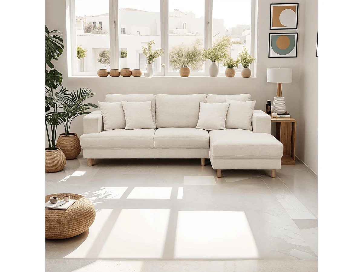 Canapé d'angle à droite convertible 4 places en tissu chenille beige - Marceau