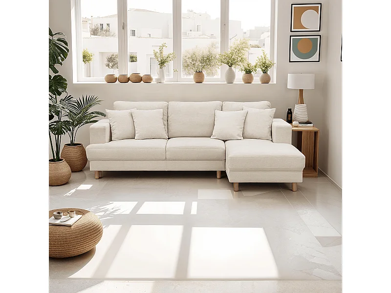 Canapé d'angle à droite convertible 4 places en tissu chenille beige - Marceau