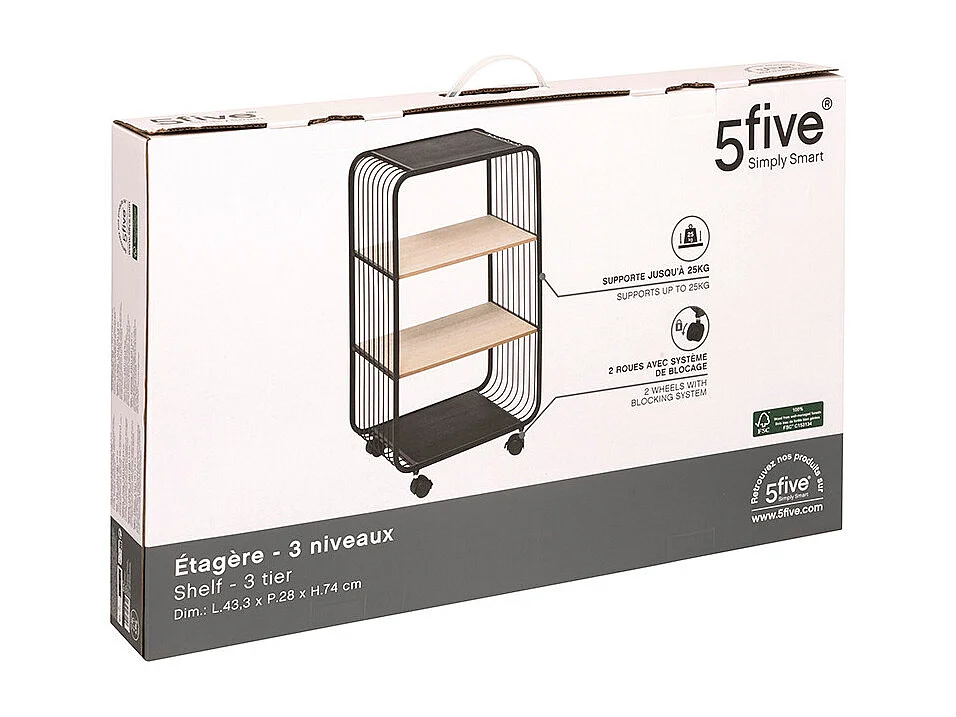 Étagère à Roulettes 3 Niveaux "Bert" 74cm Noir