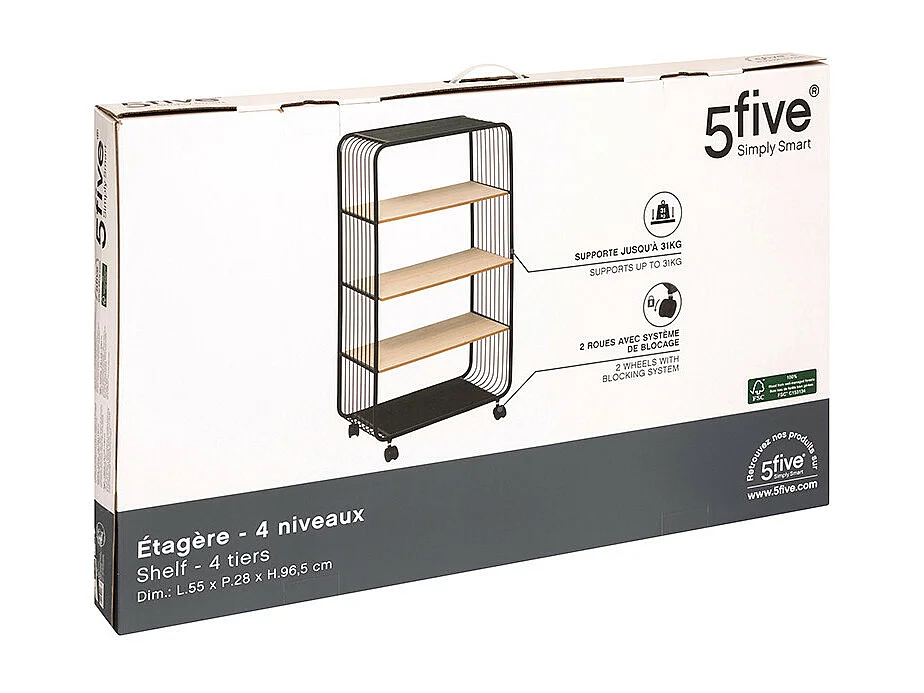 Étagère à Roulettes 4 Niveaux "Bert" 96cm Noir