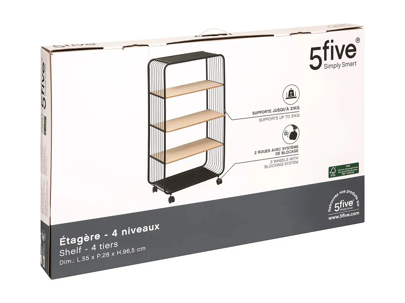 Étagère à Roulettes 4 Niveaux "Bert" 96cm Noir