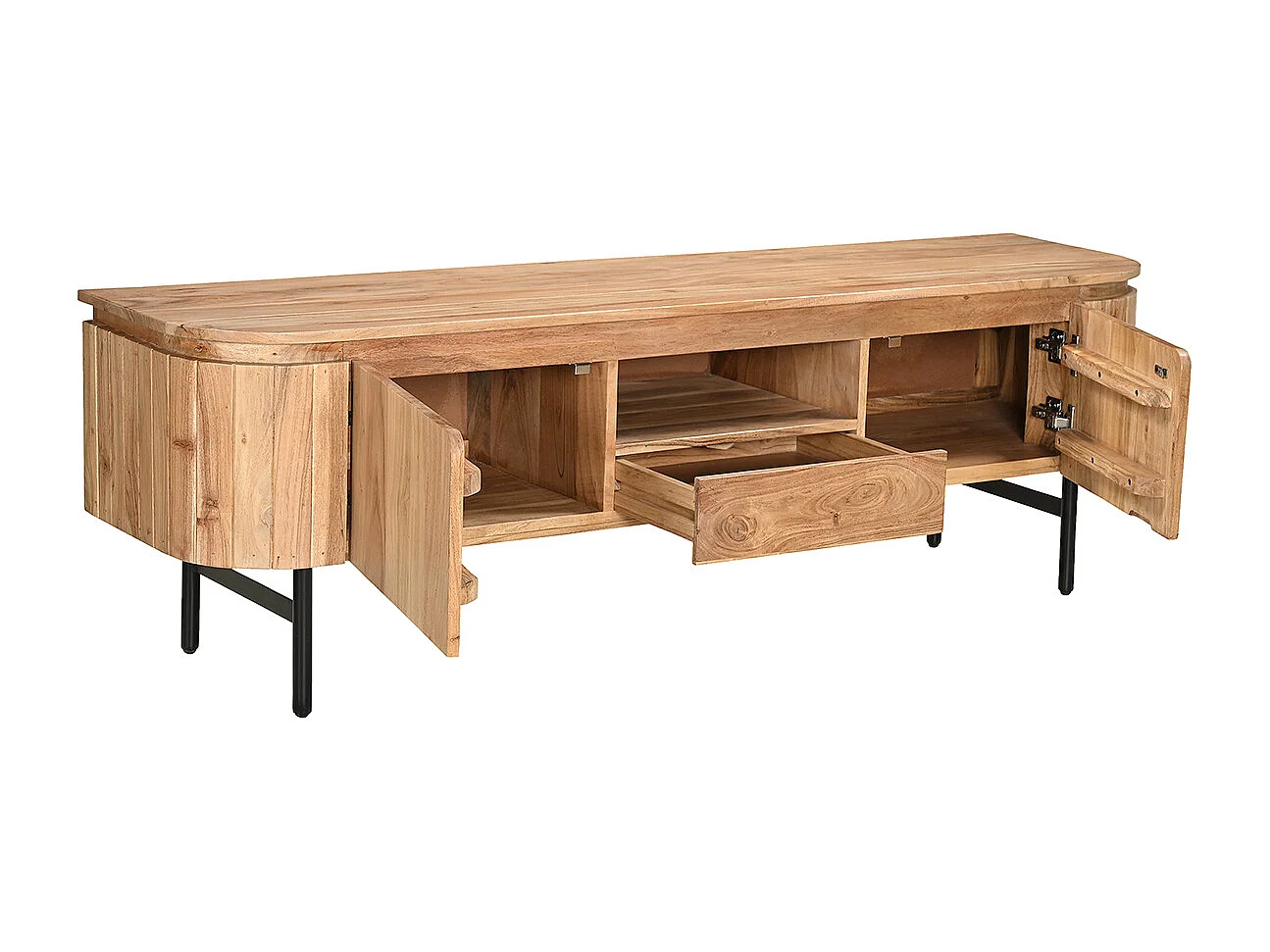 Mobile TV con vani contenitori in legno massello e metallo nero L160 cm NAPOLI