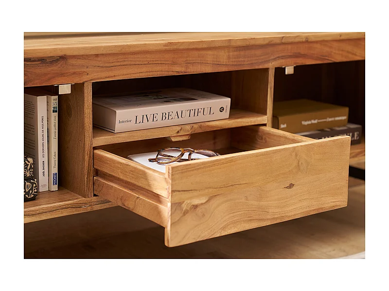 Mobile TV con vani contenitori in legno massello e metallo nero L160 cm NAPOLI