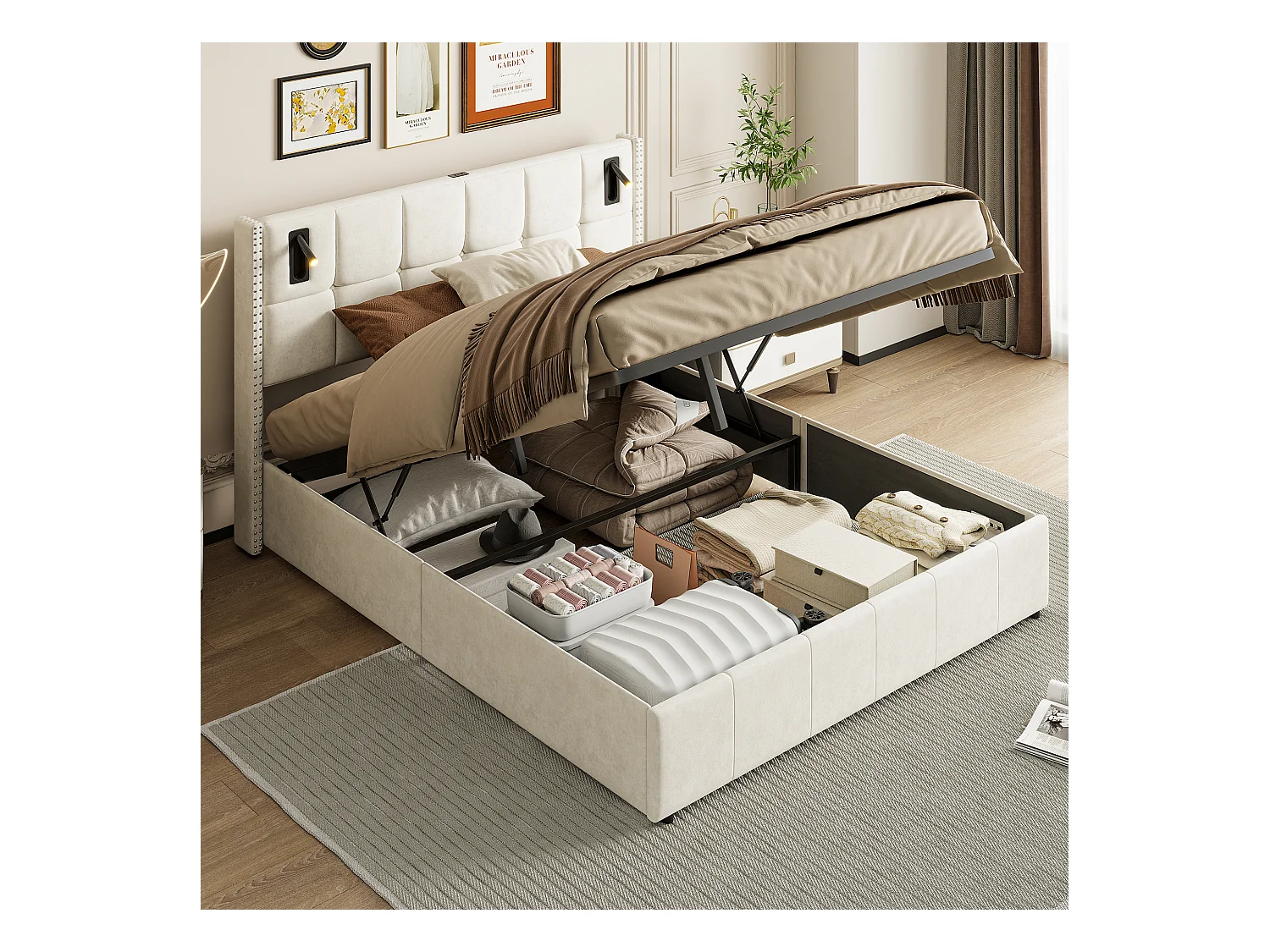 Opbergbed 160x200 cm, tweepersoonsbed met opbergruimte en lattenbodem, fluwelen stof, leeslamp, Beige