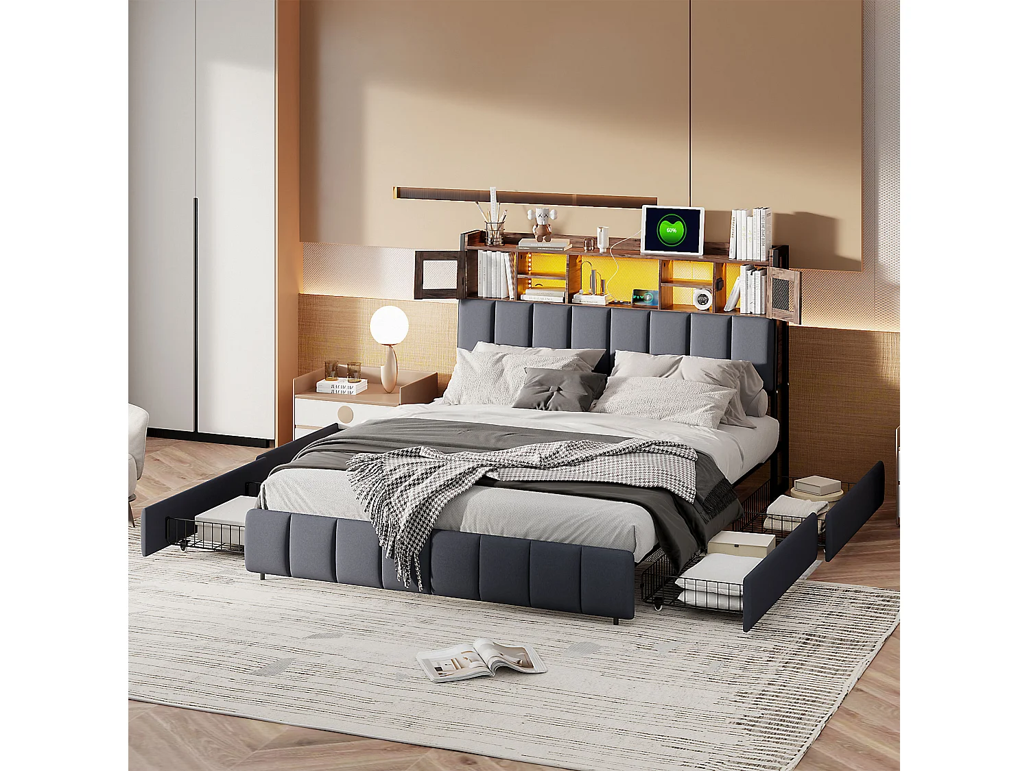 Letto 140x200 cm con illuminazione LED e porta USB, Letto contenitore con cassetti, Struttura letto con rete a doghe e testiera, Letto matrimoniale, Lino, Nero