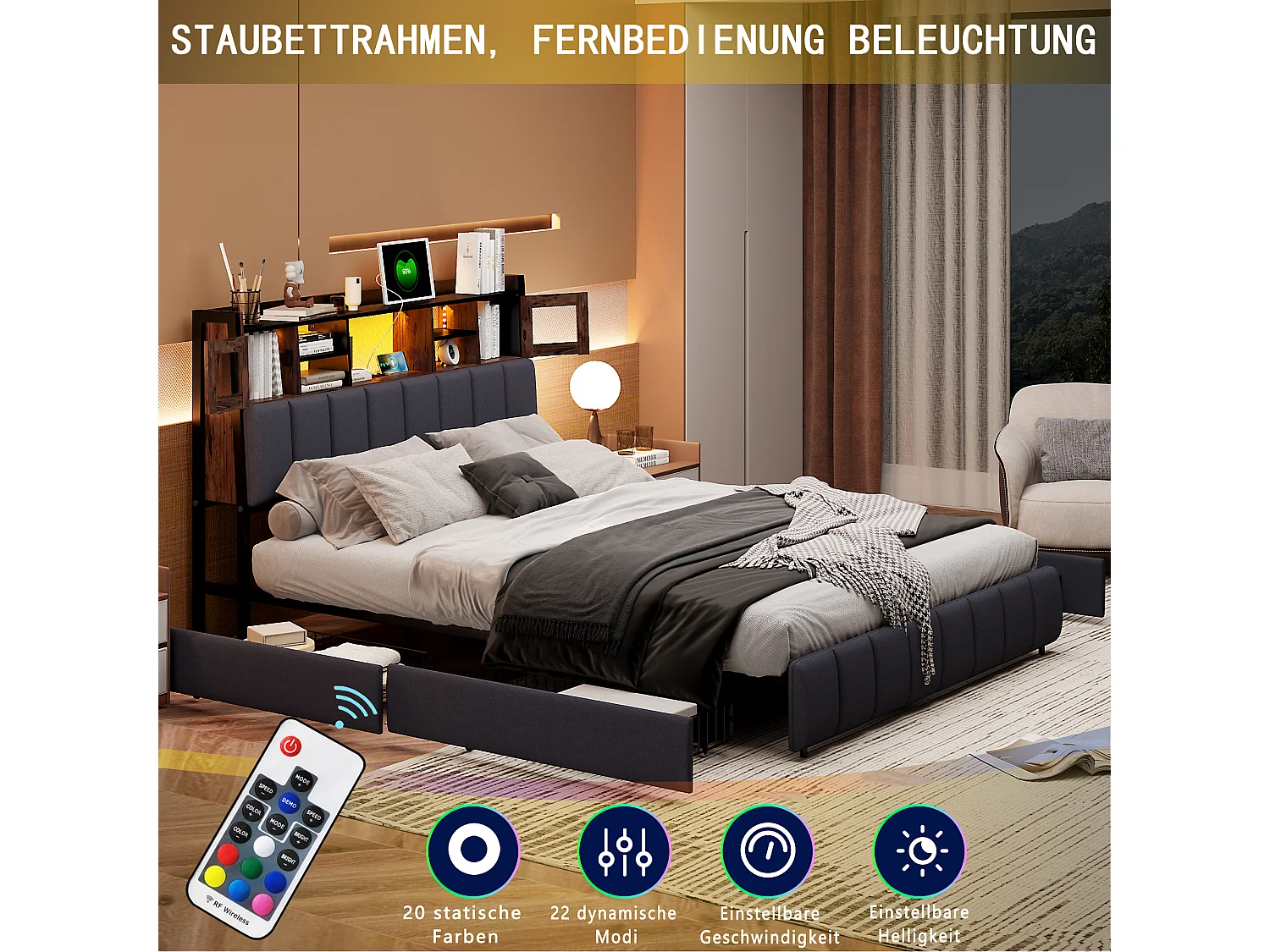 Letto 140x200 cm con illuminazione LED e porta USB, Letto contenitore con cassetti, Struttura letto con rete a doghe e testiera, Letto matrimoniale, Lino, Nero