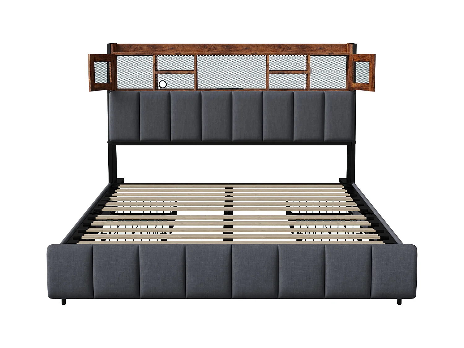 Lit 140x200 cm avec éclairage LED et port USB, Lit Coffre avec Tiroirs, Cadre de Lit avec Sommier à Lattes et Tete de Lit, Lit 2 Personnes, Lin, Noir