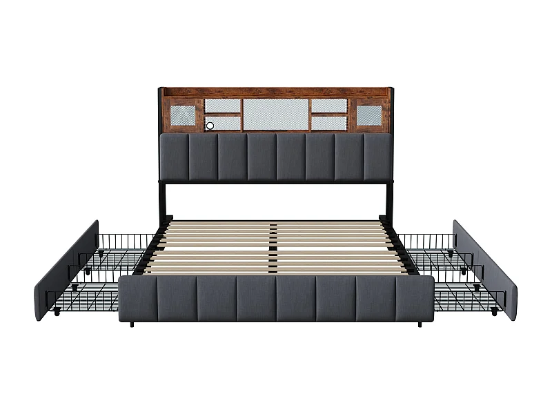 Lit 140x200 cm avec éclairage LED et port USB, Lit Coffre avec Tiroirs, Cadre de Lit avec Sommier à Lattes et Tete de Lit, Lit 2 Personnes, Lin, Noir