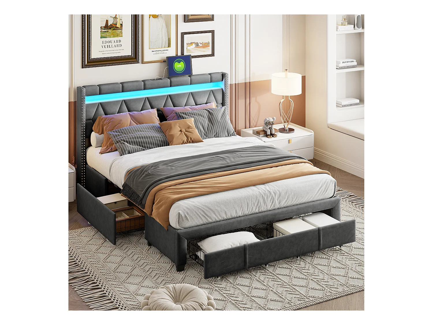 Lit coffre 160x200 cm avec USB et Type-C, Lit capitonné 160x200 avec 4 Tiroirs et LED, Cadre de Lit avec Sommier à Lattes et Tete de Lit, Lit 2 Personnes, Lin, Gris