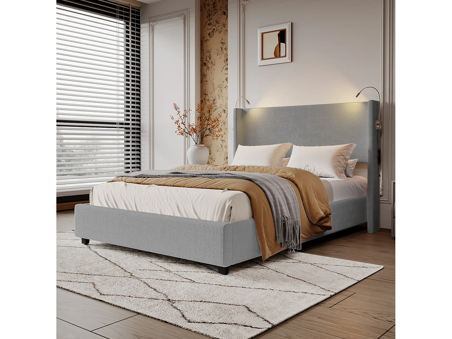 Lit capitonné 140x200cm avec une lampe de lecture , Lit Coffre avec Espace de Rangement, Sommier à Lattes, velours côtelé, Gris