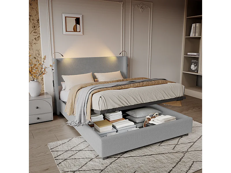 Gestoffeerd bed 140x200cm met leeslamp, Opbergbed met opbergruimte, Lattenbodem, corduroy, Grijs