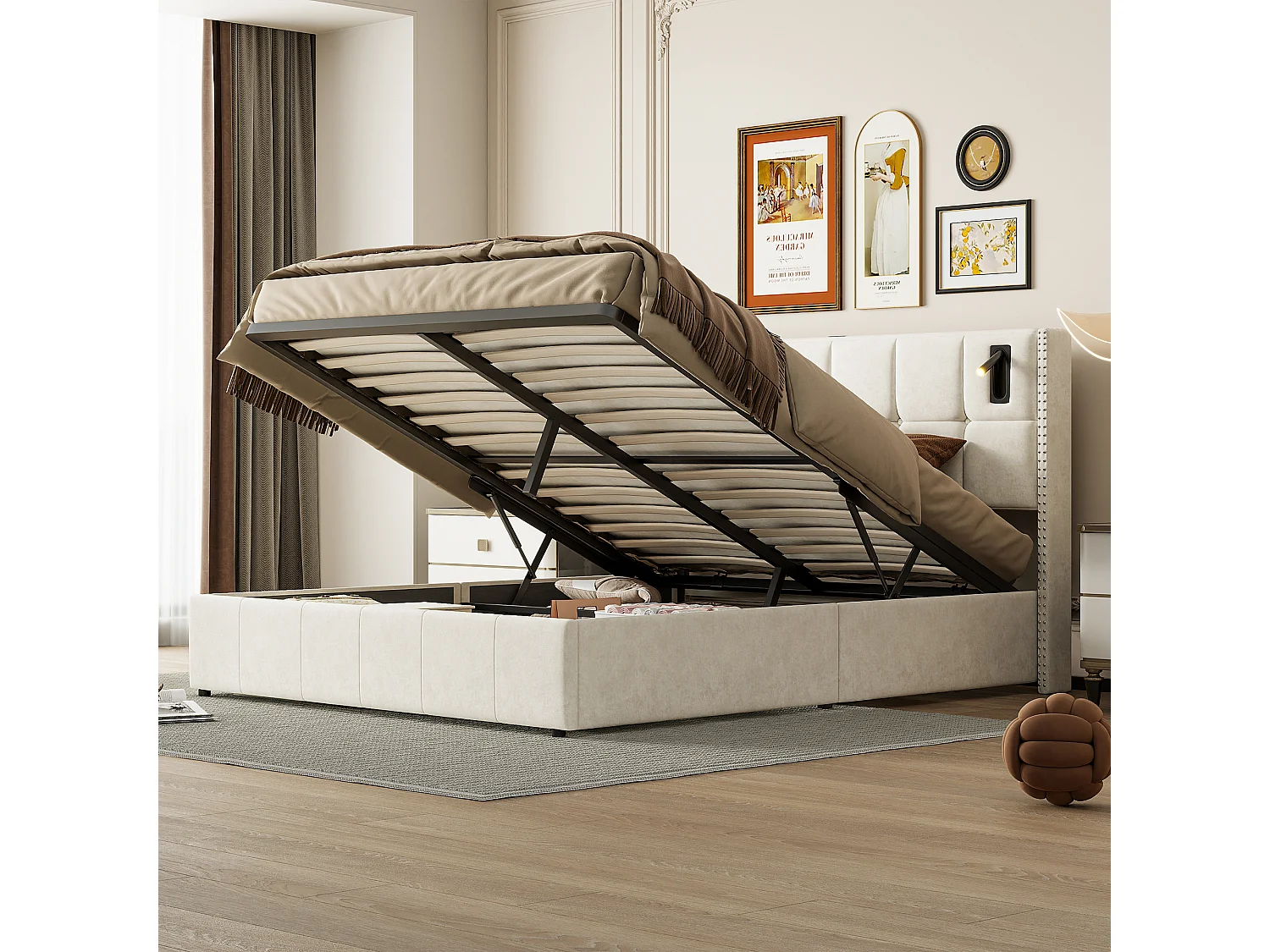 Lit coffre 140x200 cm, Lit double avec rangement et sommier à lattes, tissu en velours, lumière de lecture, Beige