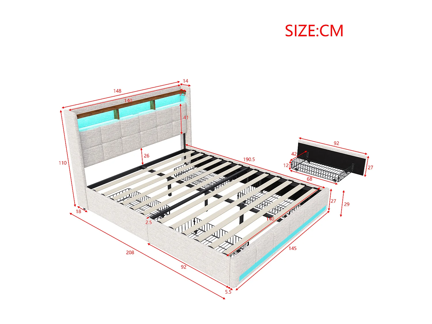 Lit rembourré 140x190cm avec 2 ports USB et 1 port Type-C, Lit Coffre 140x190cm avec Rangement, Lit double capitonné à LED avec tiroirs, Lin, Beige