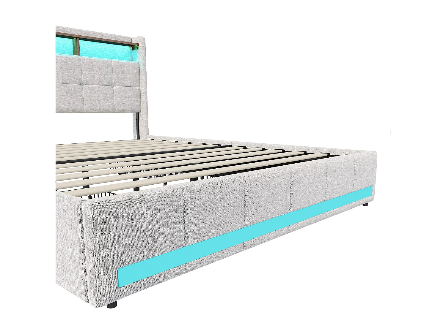 Lit rembourré 140x190cm avec 2 ports USB et 1 port Type-C, Lit Coffre 140x190cm avec Rangement, Lit double capitonné à LED avec tiroirs, Lin, Beige